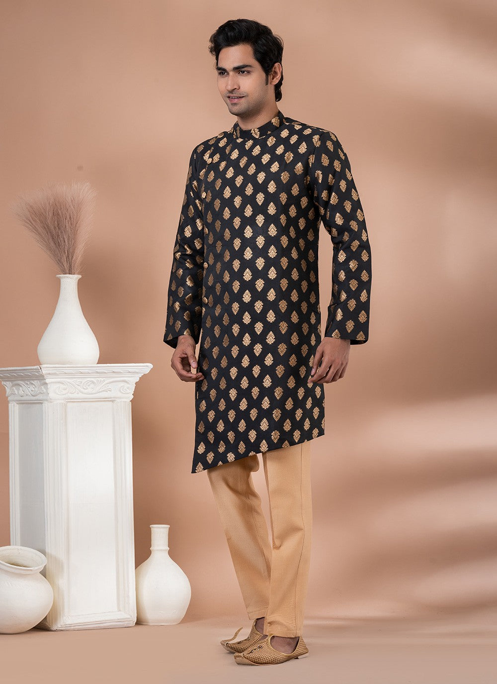 Embroidered Jacquard Silk Black Indo Western - M7052