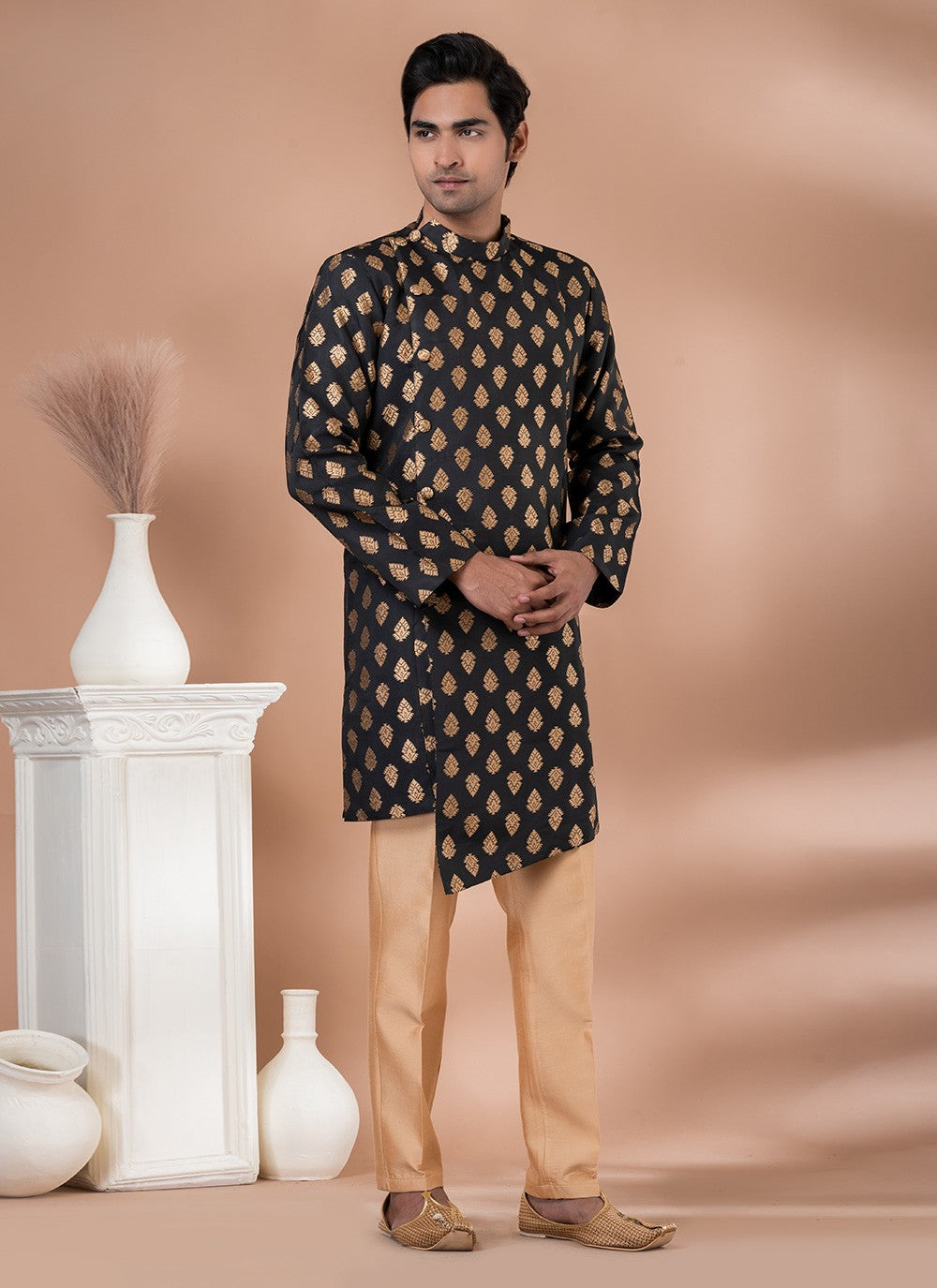 Embroidered Jacquard Silk Black Indo Western - M7052