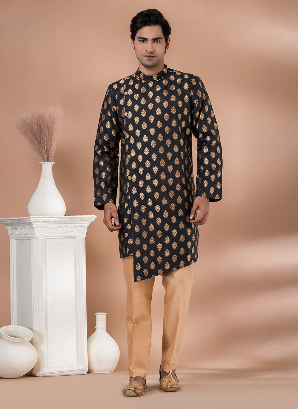 Embroidered Jacquard Silk Black Indo Western - M7052