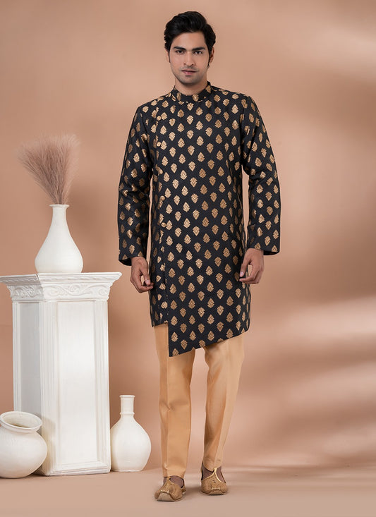Embroidered Jacquard Silk Black Indo Western - M7052