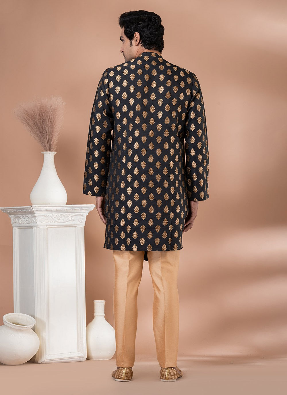 Embroidered Jacquard Silk Black Indo Western - M7052