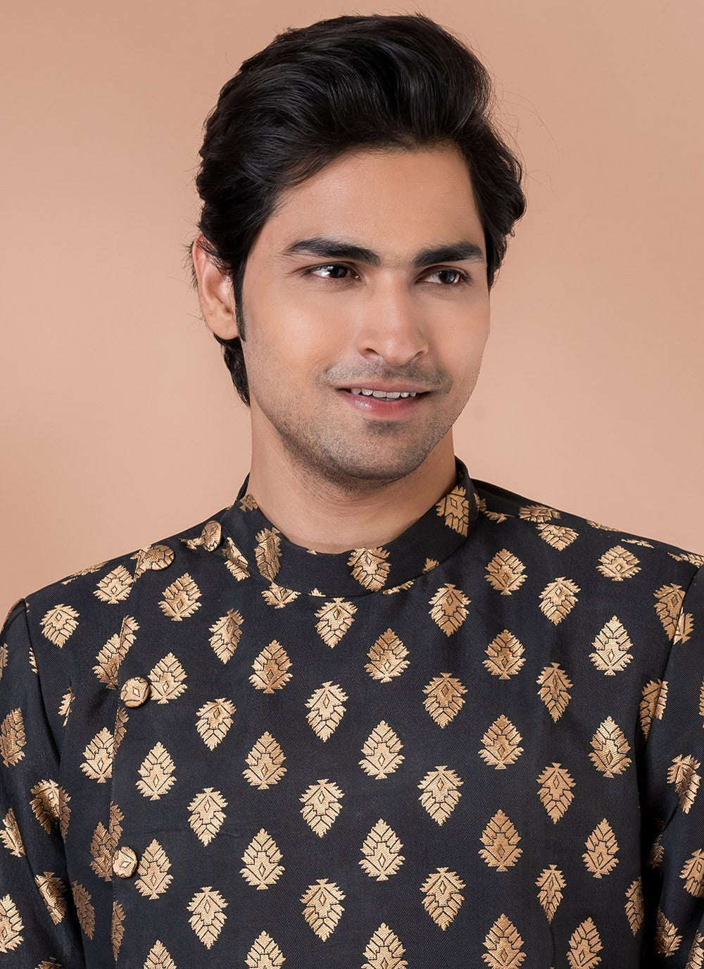 Embroidered Jacquard Silk Black Indo Western - M7052