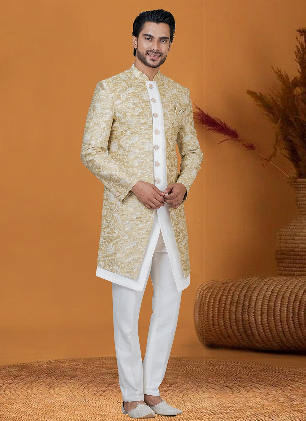 Jacquard Work Jacquard Silk Gold Indo Western - M8378