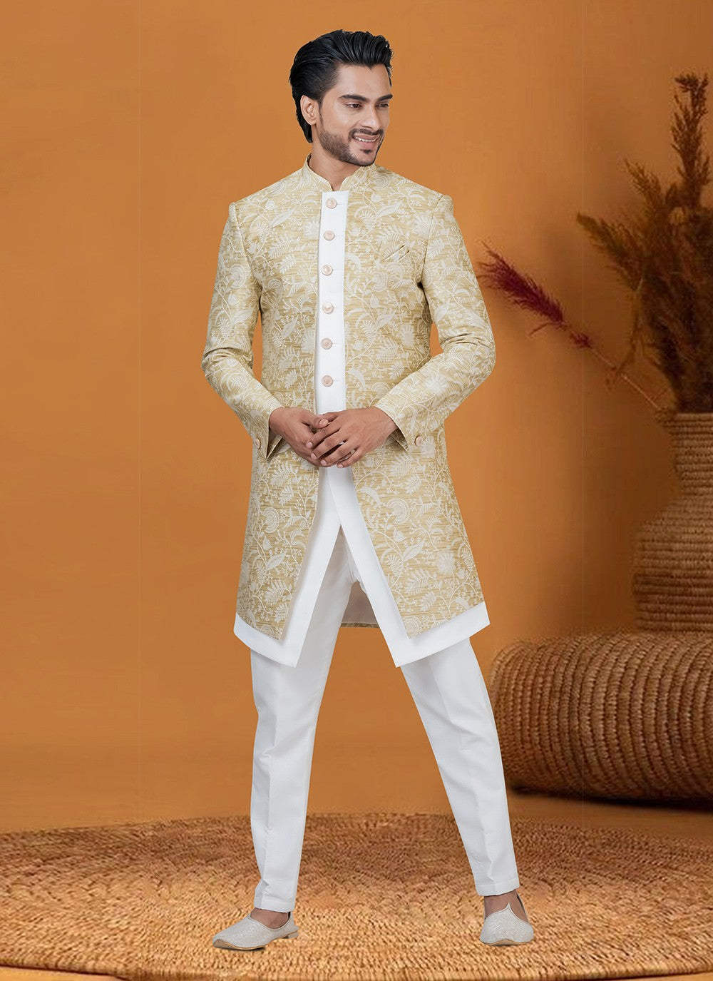 Jacquard Work Jacquard Silk Gold Indo Western - M8378