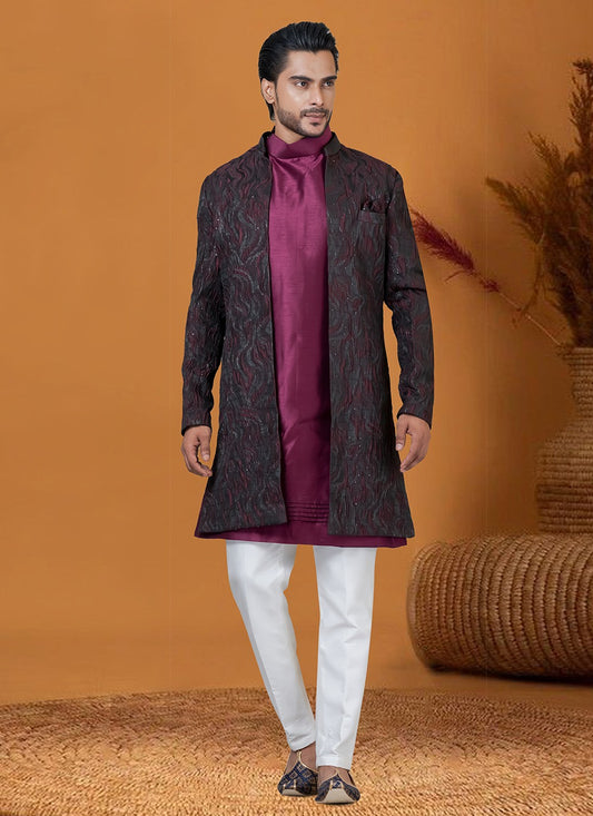 Jacquard Work Jacquard Silk Wine Indo Western - M8376