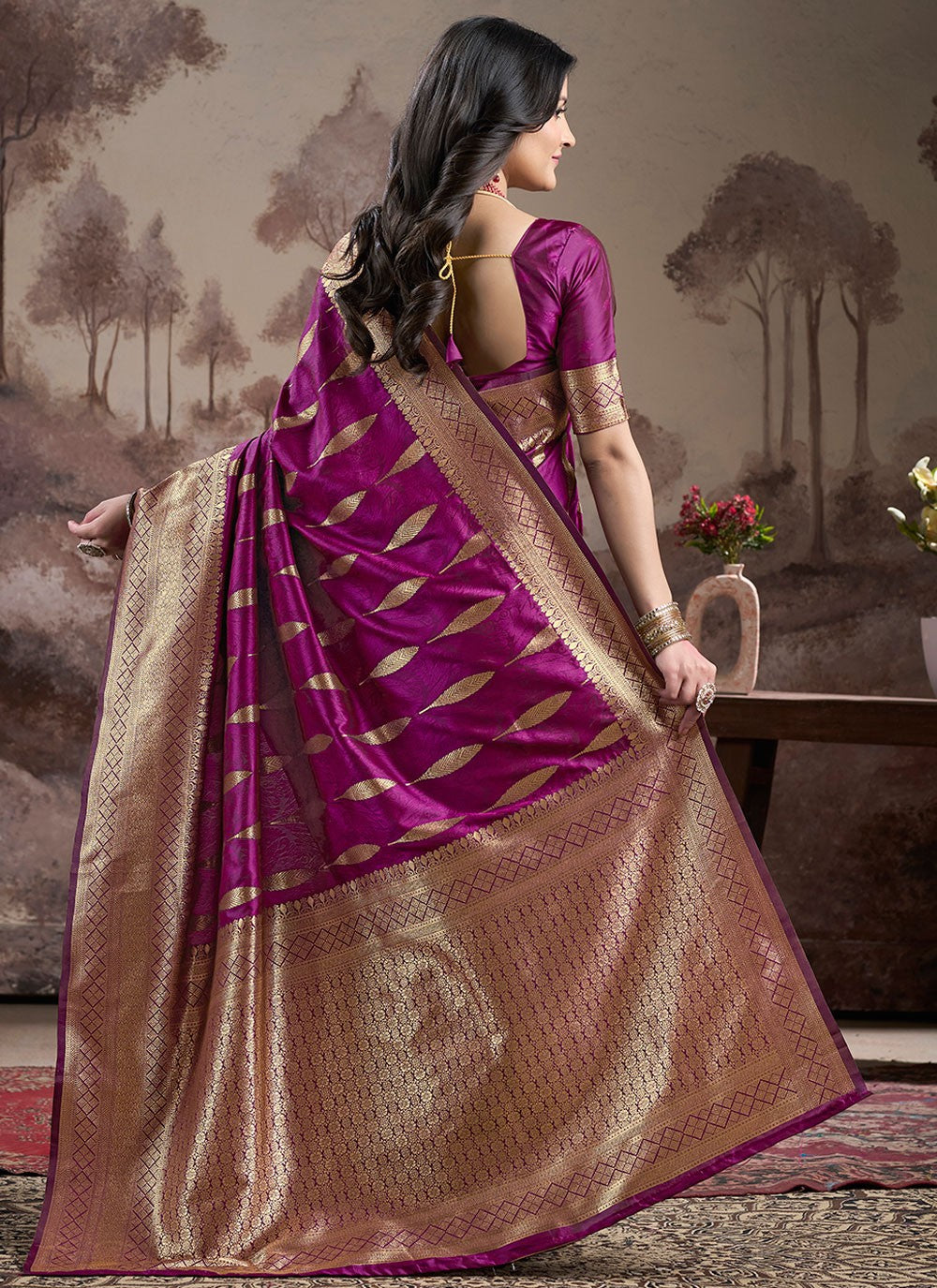 Traditional Jacquard Work Magenta, Purple Jacquard Silk S12587