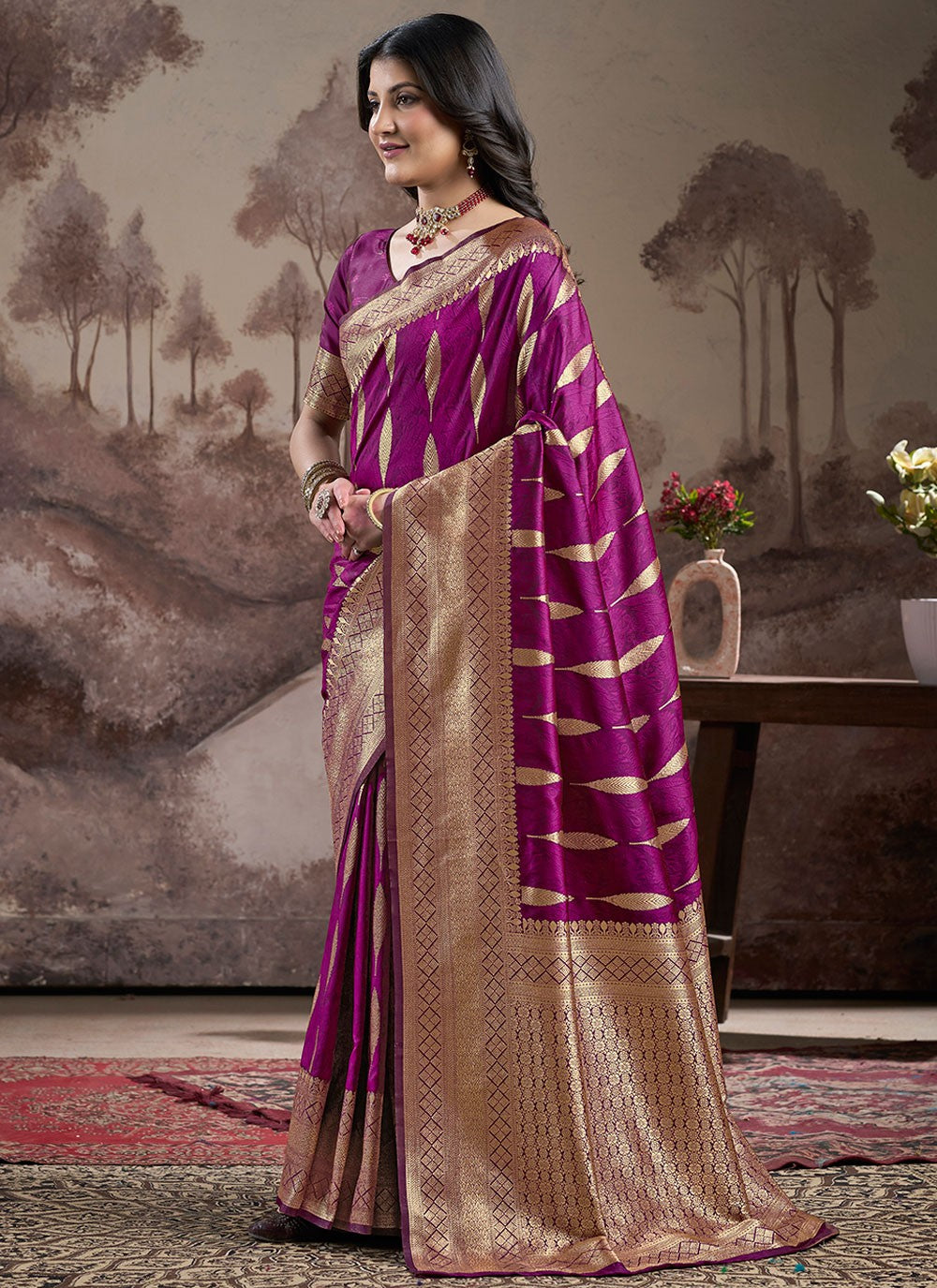 Traditional Jacquard Work Magenta, Purple Jacquard Silk S12587