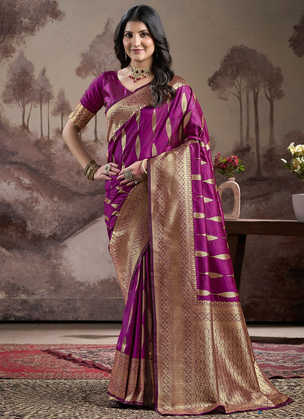Traditional Jacquard Work Magenta, Purple Jacquard Silk S12587