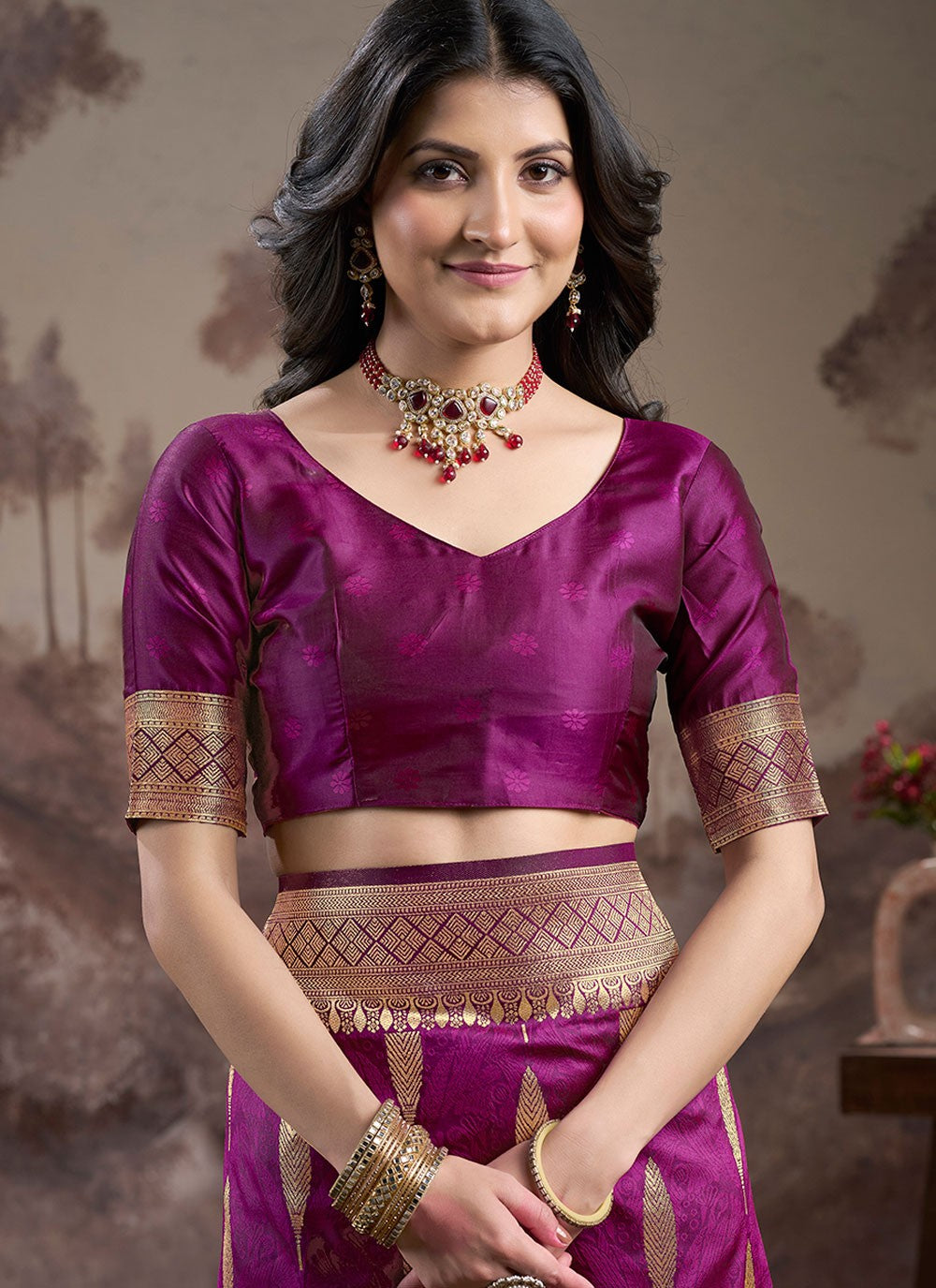 Traditional Jacquard Work Magenta, Purple Jacquard Silk S12587