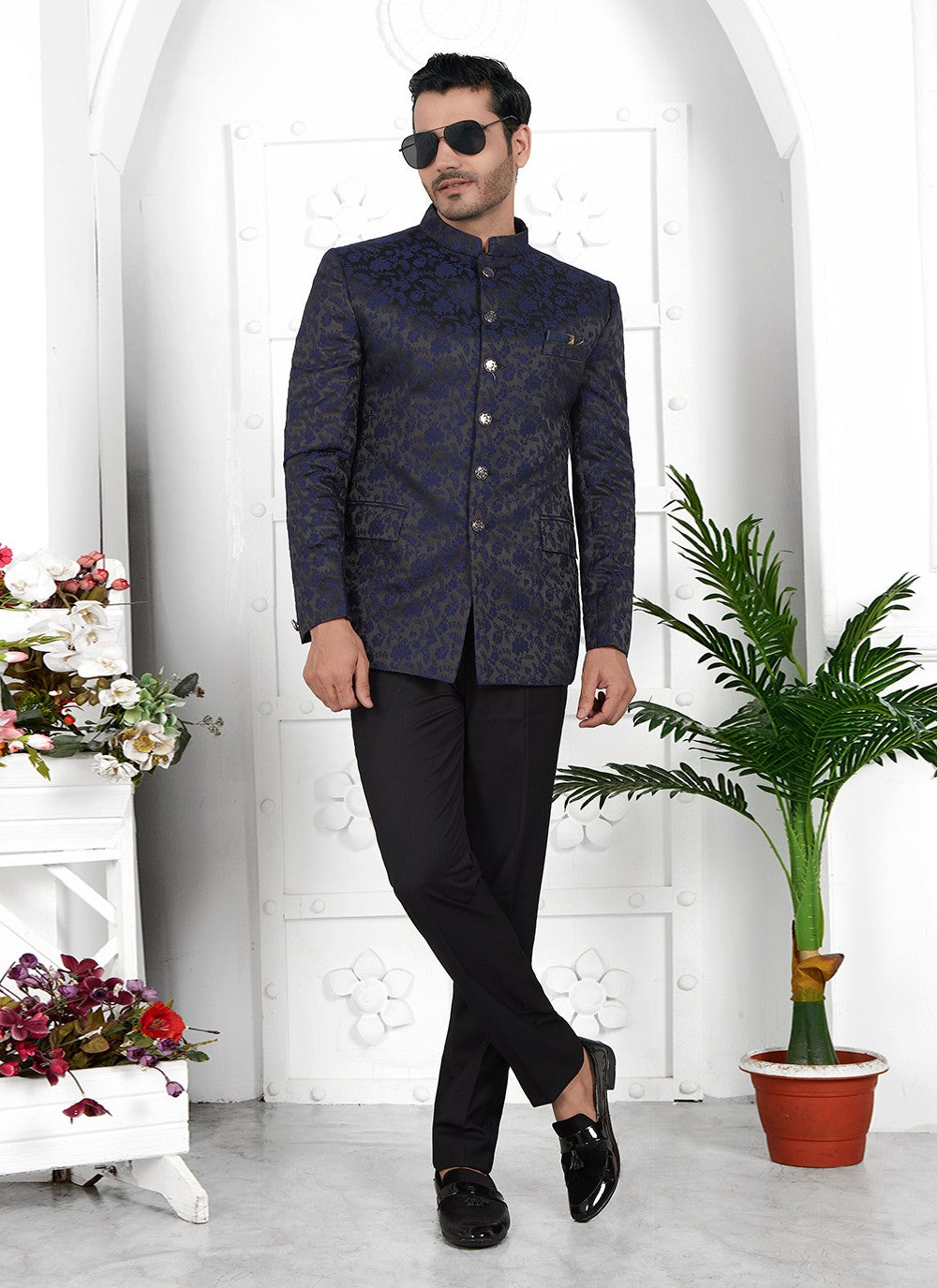 Buttons Jacquard Silk Navy Blue Jacket Style - M6652