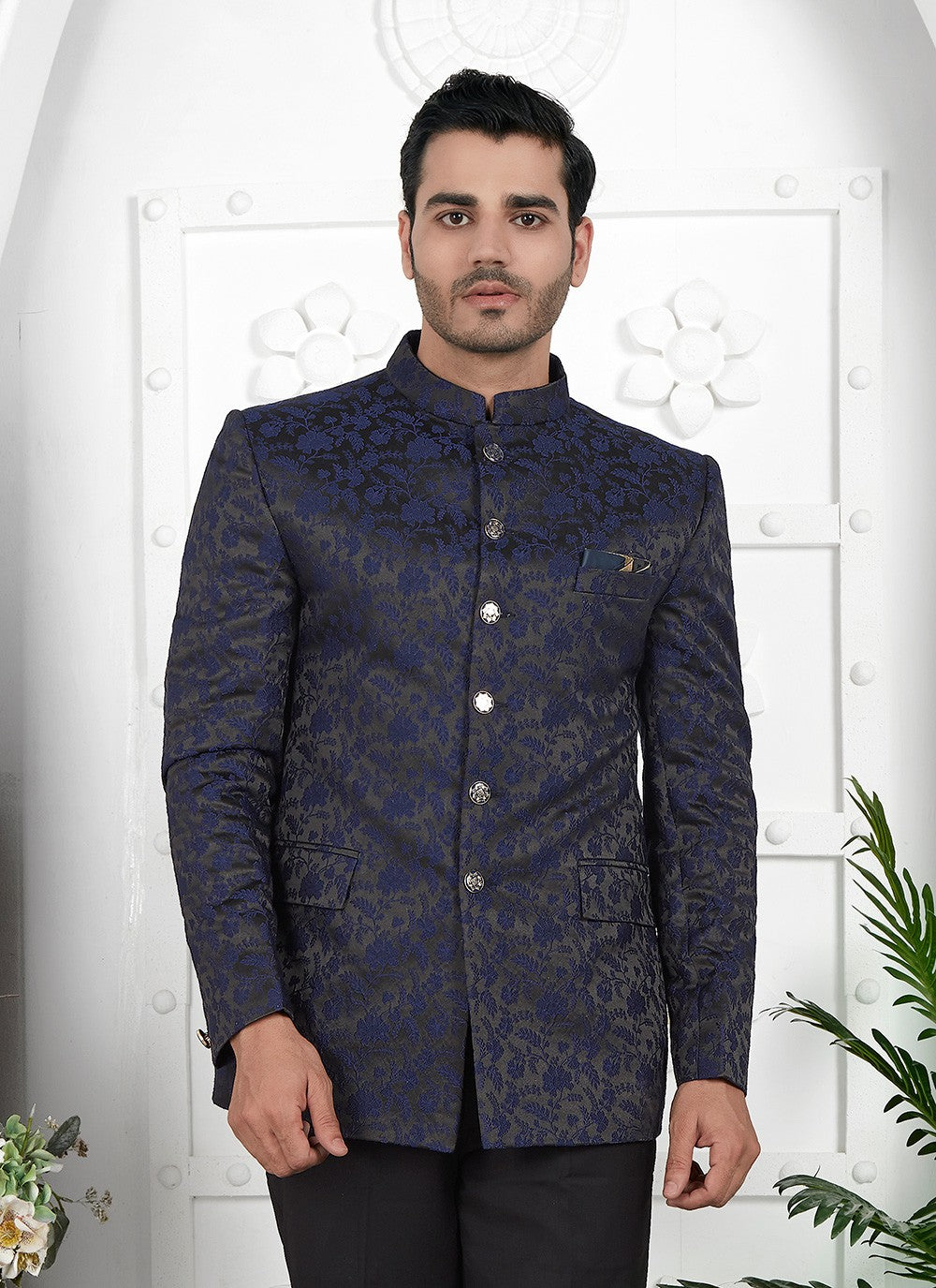 Buttons Jacquard Silk Navy Blue Jacket Style - M6652
