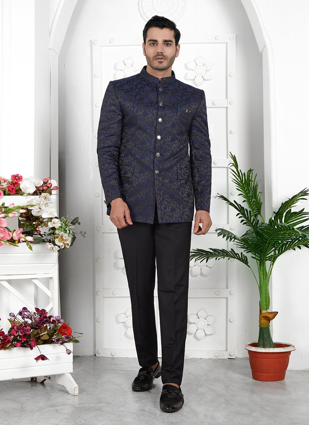 Buttons Jacquard Silk Navy Blue Jacket Style - M6652