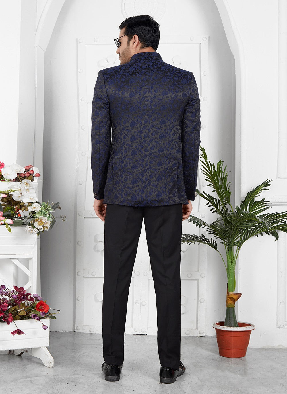 Buttons Jacquard Silk Navy Blue Jacket Style - M6652