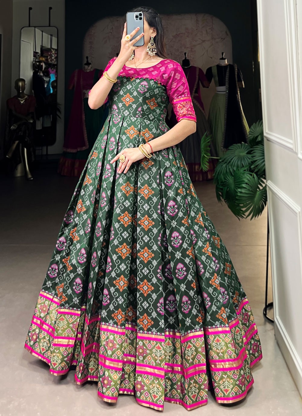 Patola Print Jacquard Silk Green Gown G1956