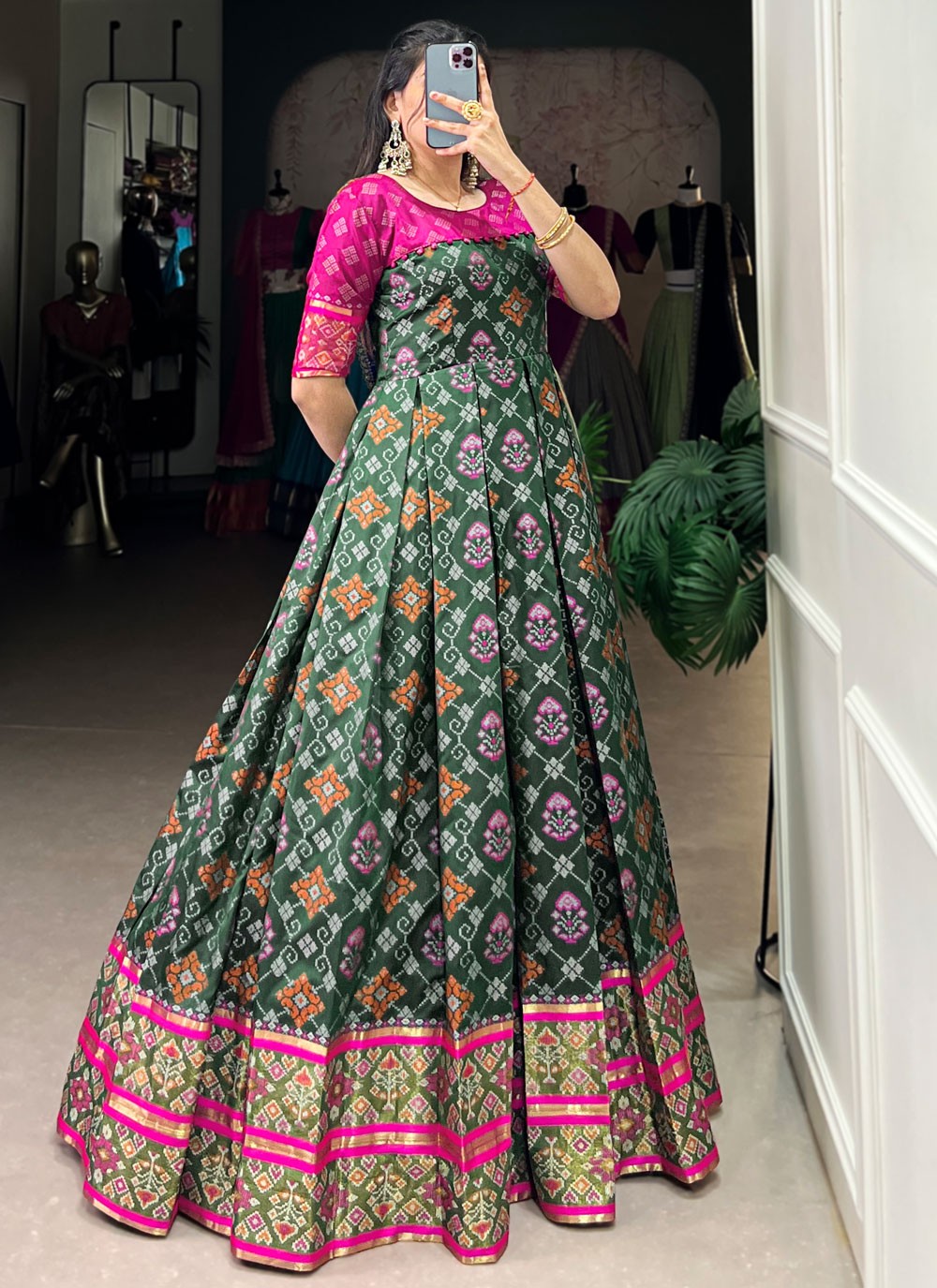 Patola Print Jacquard Silk Green Gown G1956