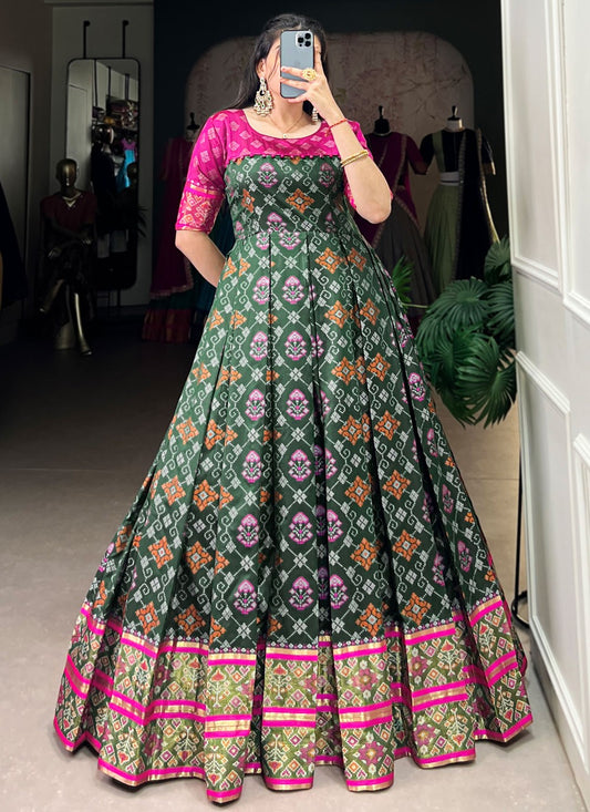Patola Print Jacquard Silk Green Gown G1956