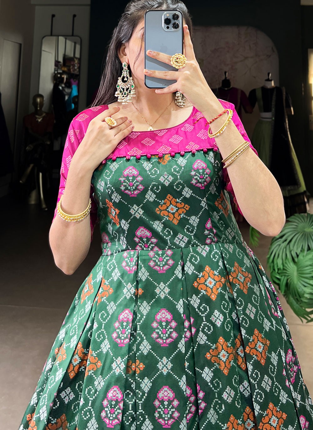 Patola Print Jacquard Silk Green Gown G1956