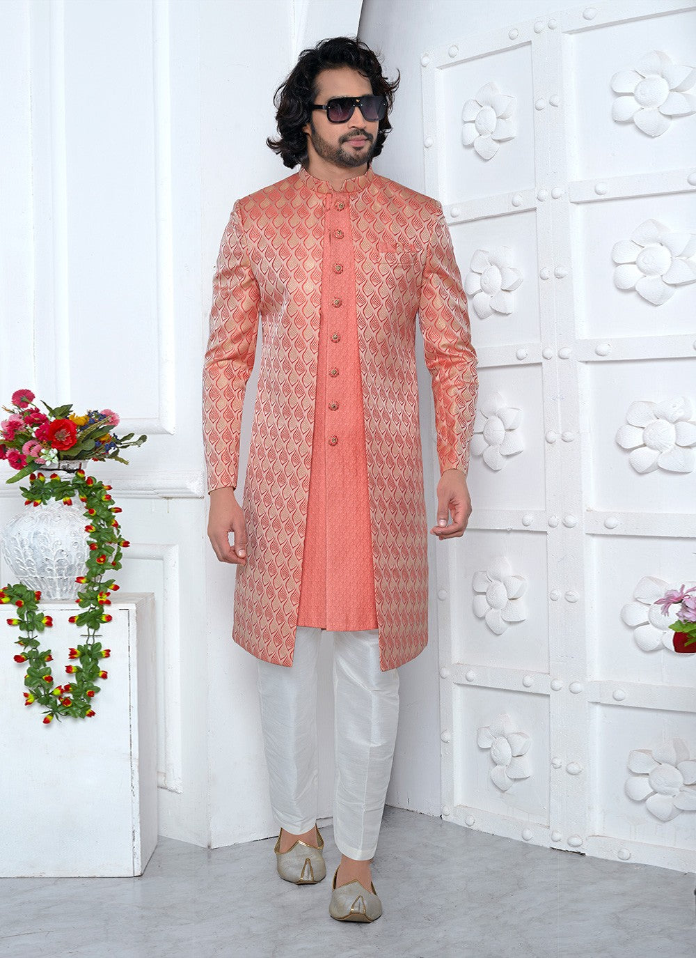 Fancy Work Jacquard Silk Peach, Pink Indo Western - M6607
