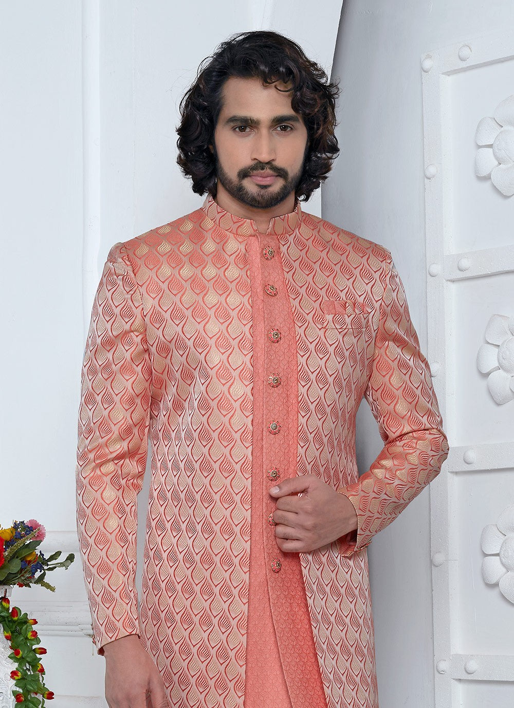 Fancy Work Jacquard Silk Peach, Pink Indo Western - M6607