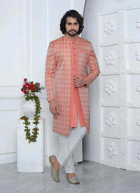 Fancy Work Jacquard Silk Peach, Pink Indo Western - M6607