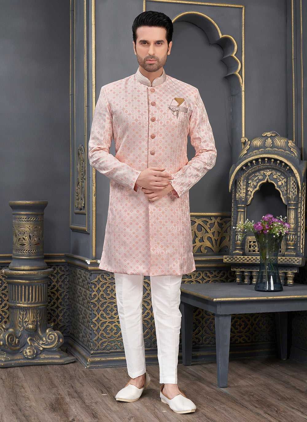 Fancy Work Brocade, Jacquard Silk Peach Indo Western - M6467