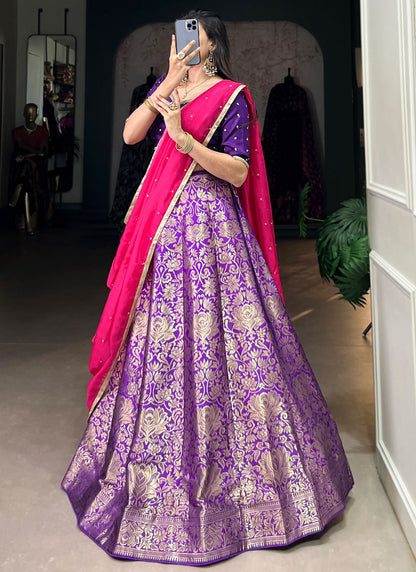 Weaving Zari Jacquard Silk Purple Lehenga - L3408