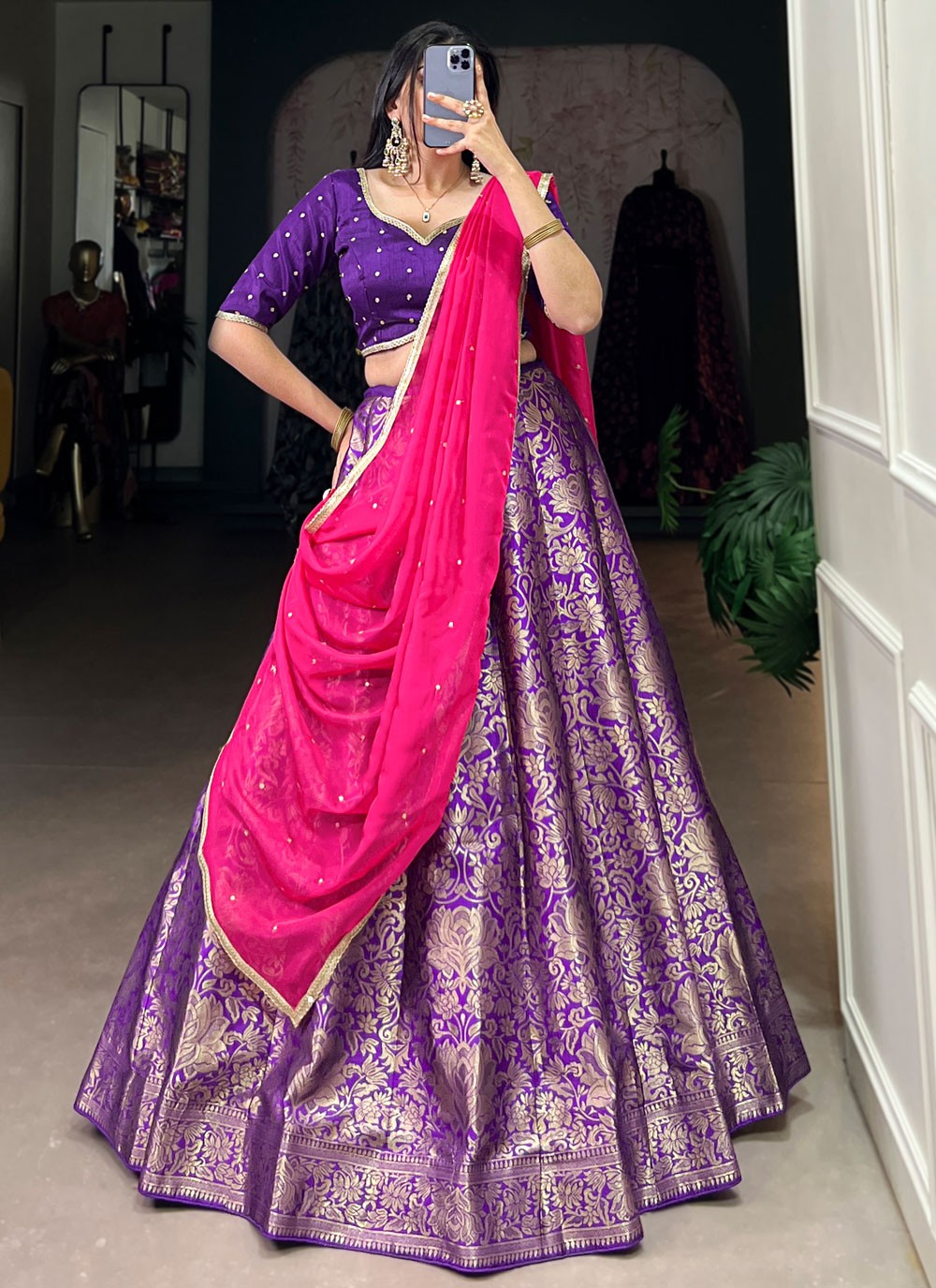 Weaving Zari Jacquard Silk Purple Lehenga - L3408