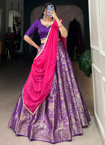 Weaving Zari Jacquard Silk Purple Lehenga - L3408