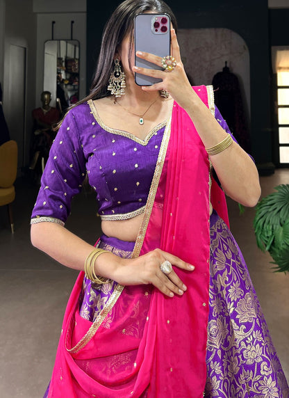 Weaving Zari Jacquard Silk Purple Lehenga - L3408