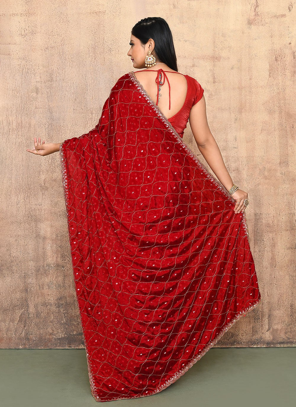 Trendy Saree Hand Embroidery Red Jacquard Silk Saree S13140