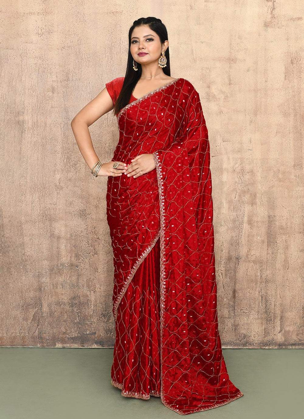 Trendy Saree Hand Embroidery Red Jacquard Silk Saree S13140