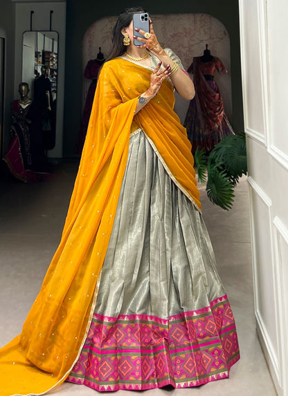 Jacquard Silk Mehandi & Sangeet A - Line Lehenga L3554