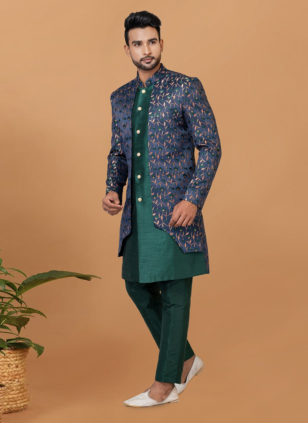 Fancy Work Dupion Silk, Jacquard Silk Blue, Green Indo Western - M5990