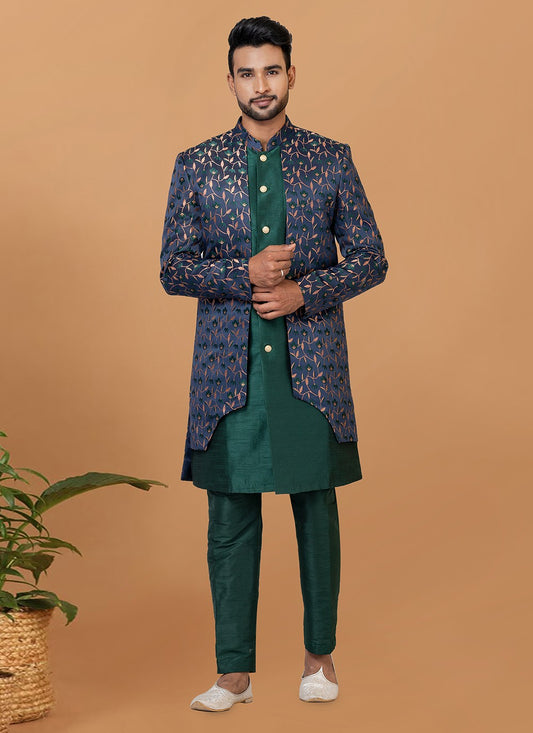 Fancy Work Dupion Silk, Jacquard Silk Blue, Green Indo Western - M5990