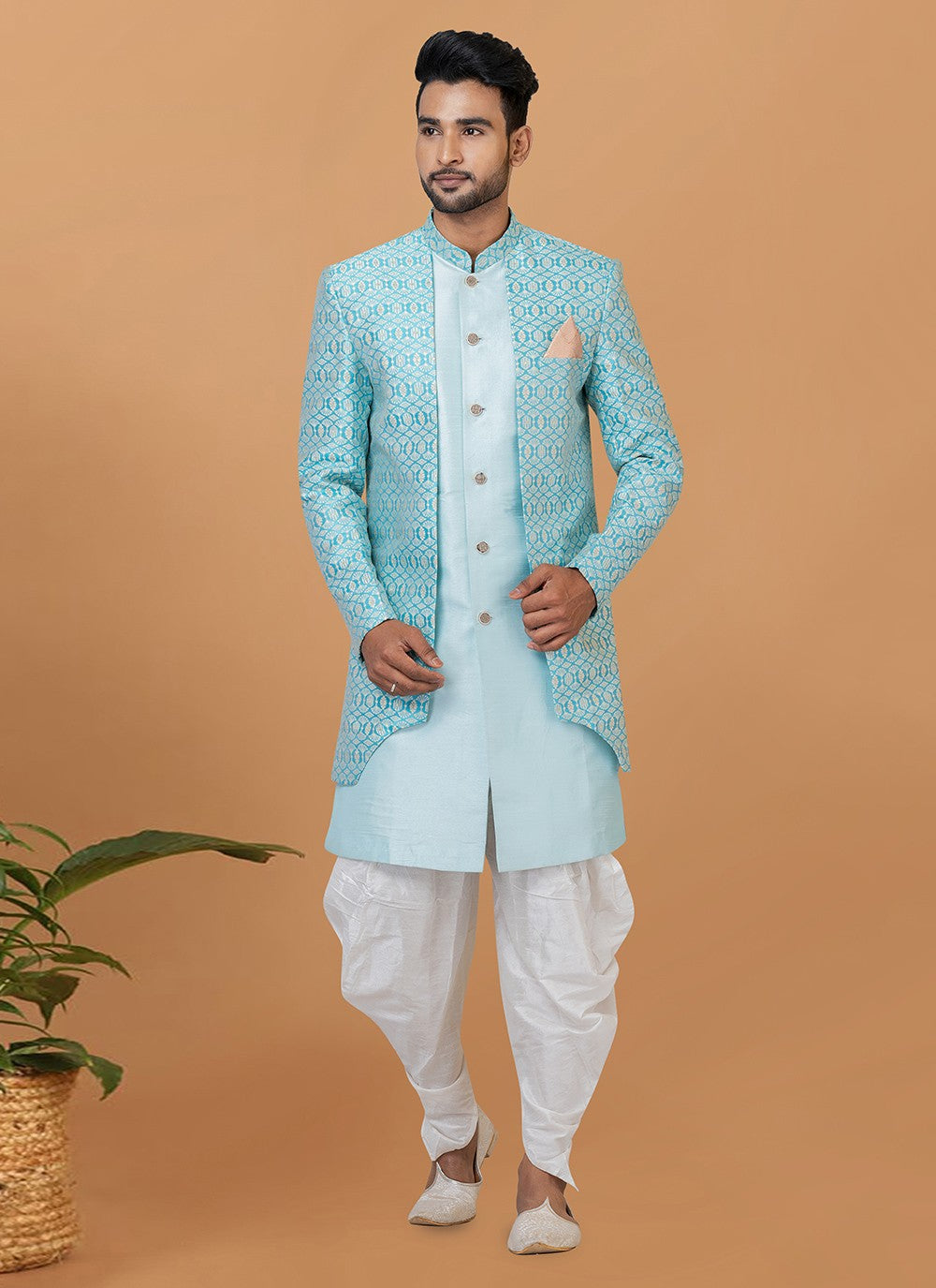 Fancy Work Dupion Silk, Jacquard Silk Turquoise Indo Western Sherwani - M5987