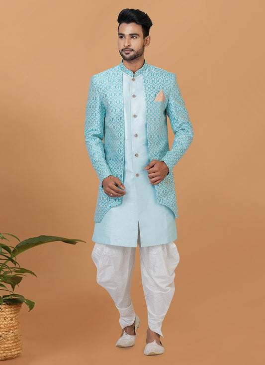 Fancy Work Dupion Silk, Jacquard Silk Turquoise Indo Western Sherwani - M5987