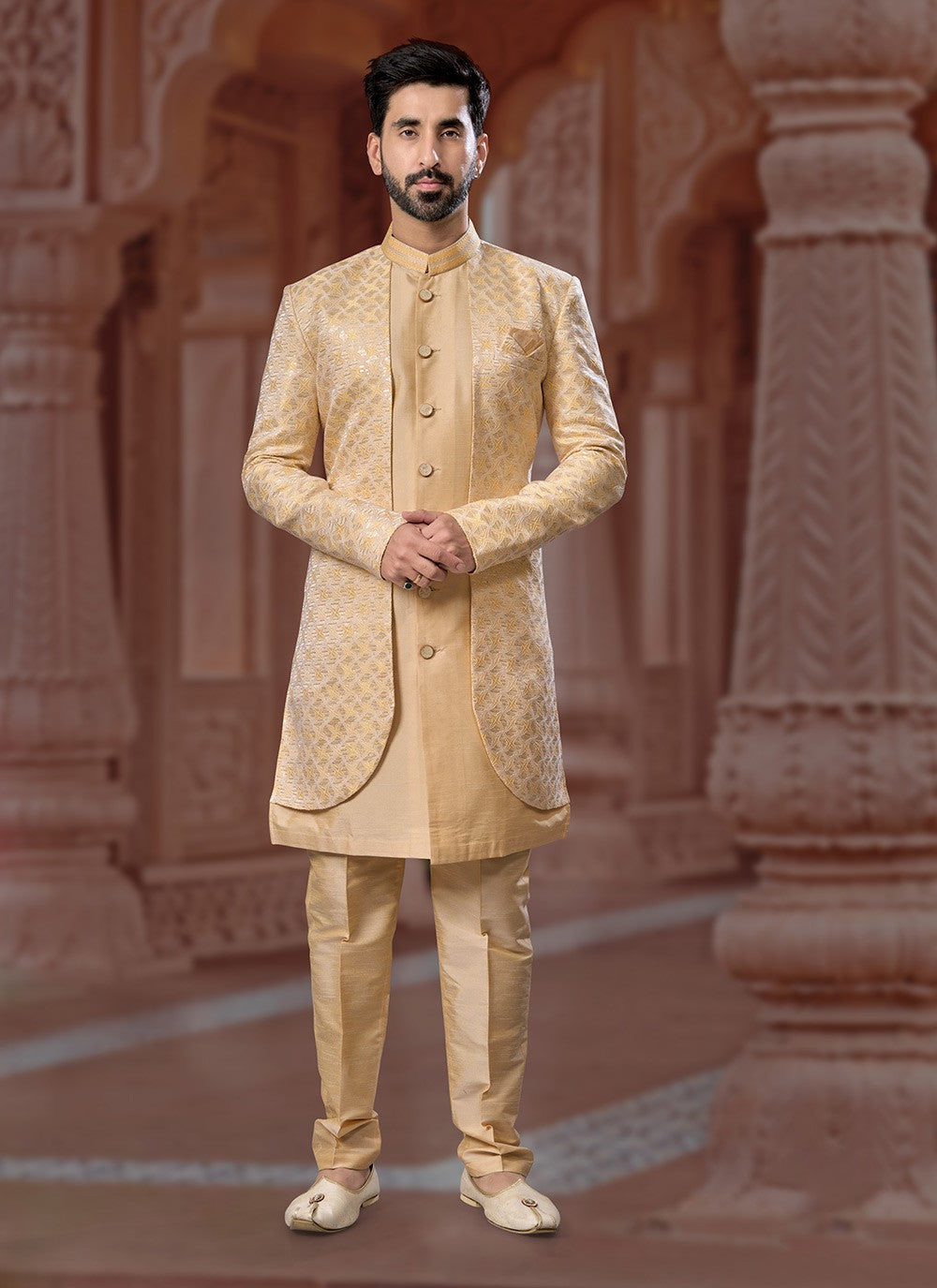 Machine Embroidery Dupion Silk, Jacquard Beige Indo Western Sherwani - M7140