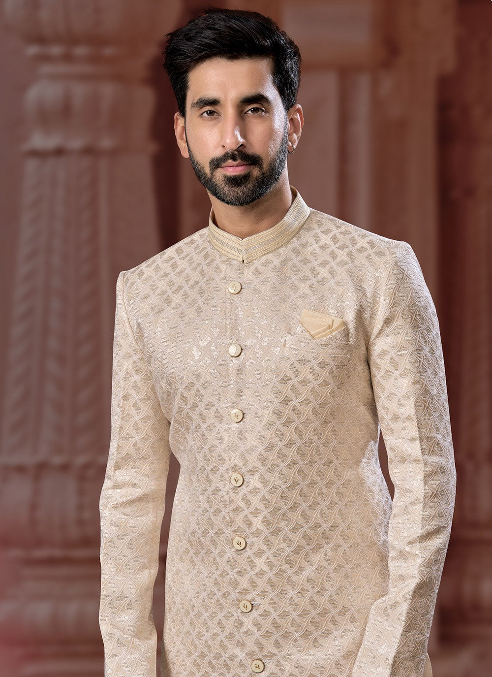 Fancy Work Jacquard Cream Indo Western Sherwani - M7157