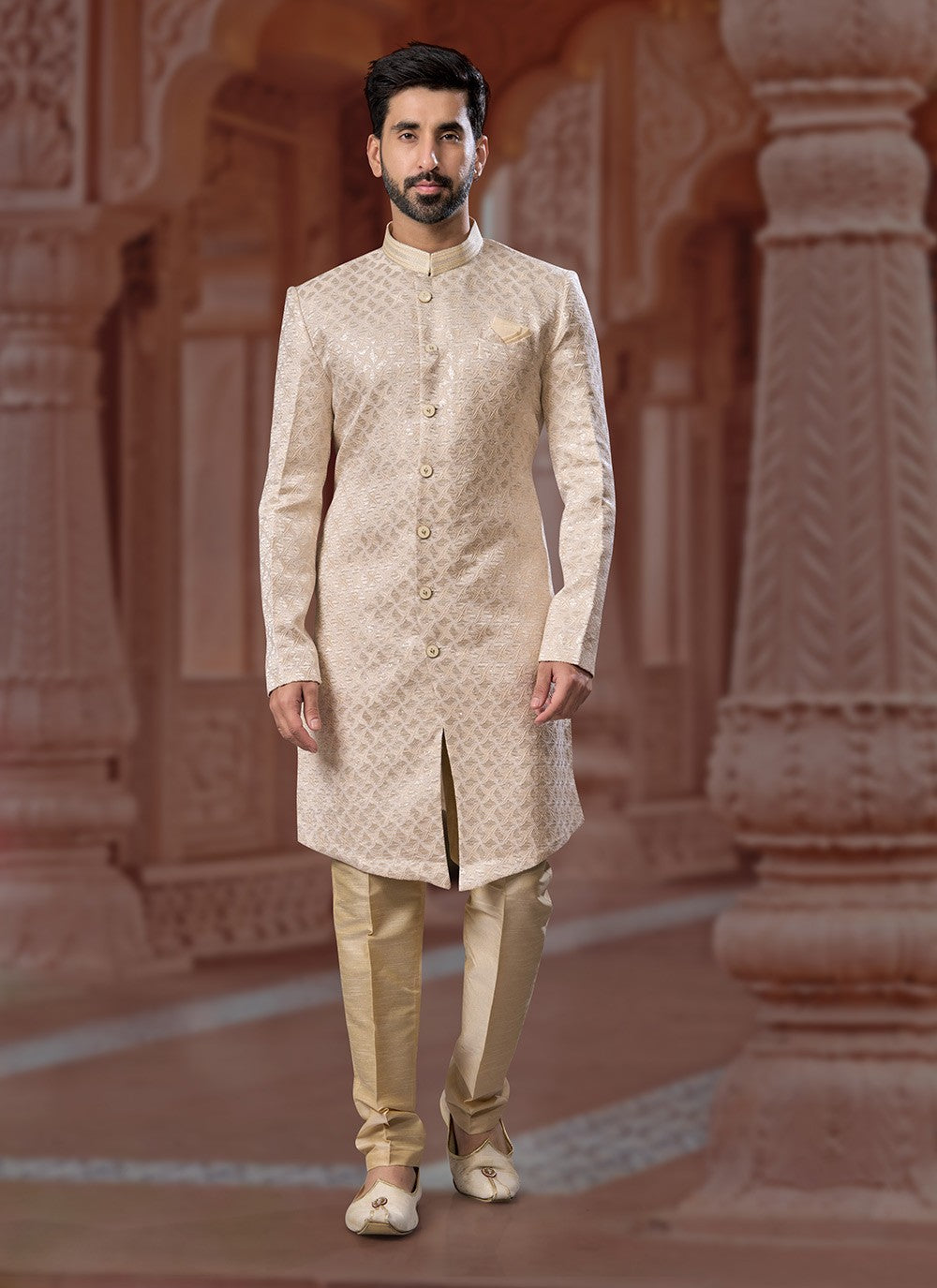 Fancy Work Jacquard Cream Indo Western Sherwani - M7157