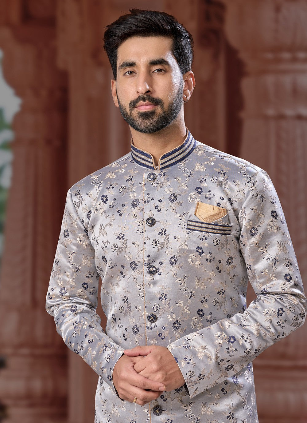 Fancy Work Jacquard Grey Indo Western Sherwani - M6914