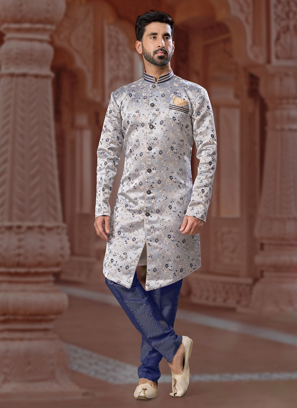 Fancy Work Jacquard Grey Indo Western Sherwani - M6914