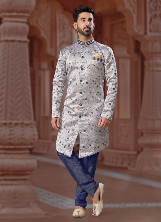 Fancy Work Jacquard Grey Indo Western Sherwani - M6914