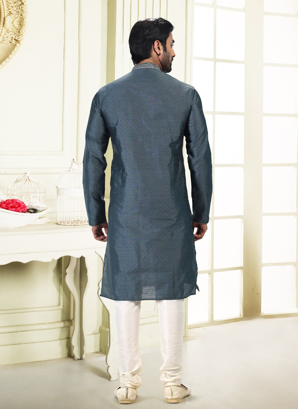 Fancy Work Banarasi Silk, Jacquard Grey Kurta Pyjama - M4868