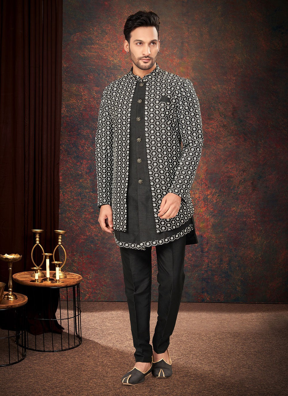 Embroidered Jacquard Black Indo Western - M7208