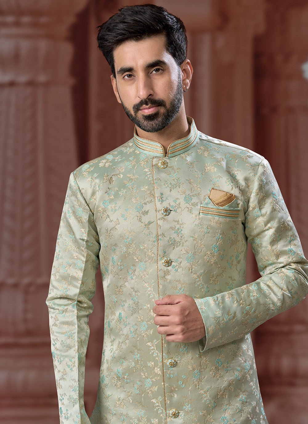 Fancy Work Jacquard Green Indo Western Sherwani - M6896