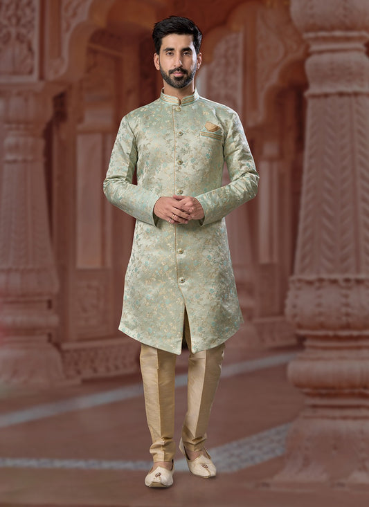 Fancy Work Jacquard Green Indo Western Sherwani - M6896