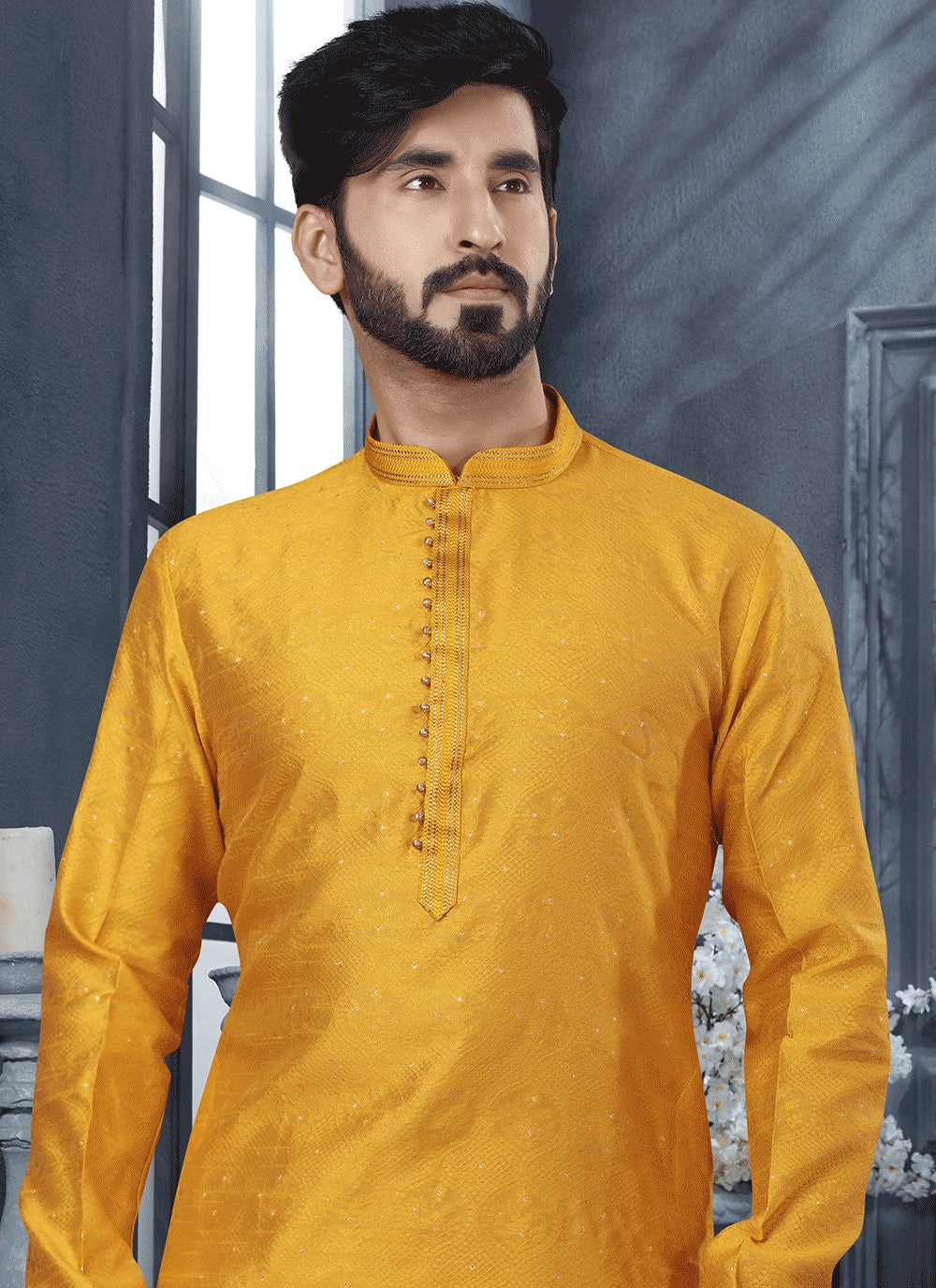 Thread Jacquard Yellow Kurta - M5642