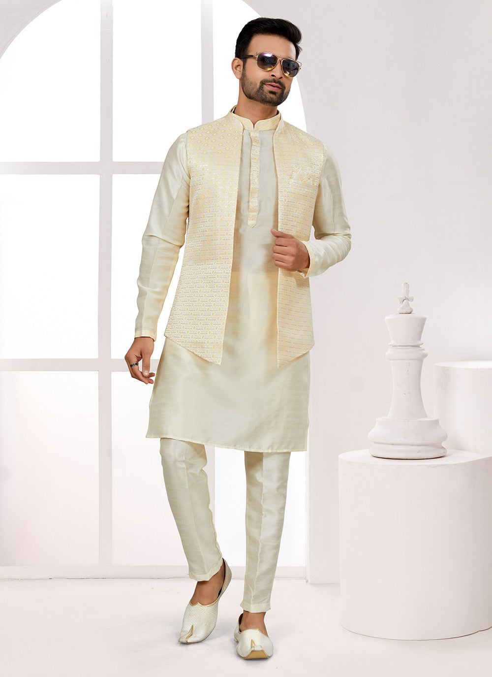 Thread Jacquard Yellow Kurta Payjama With Jacket - M6709