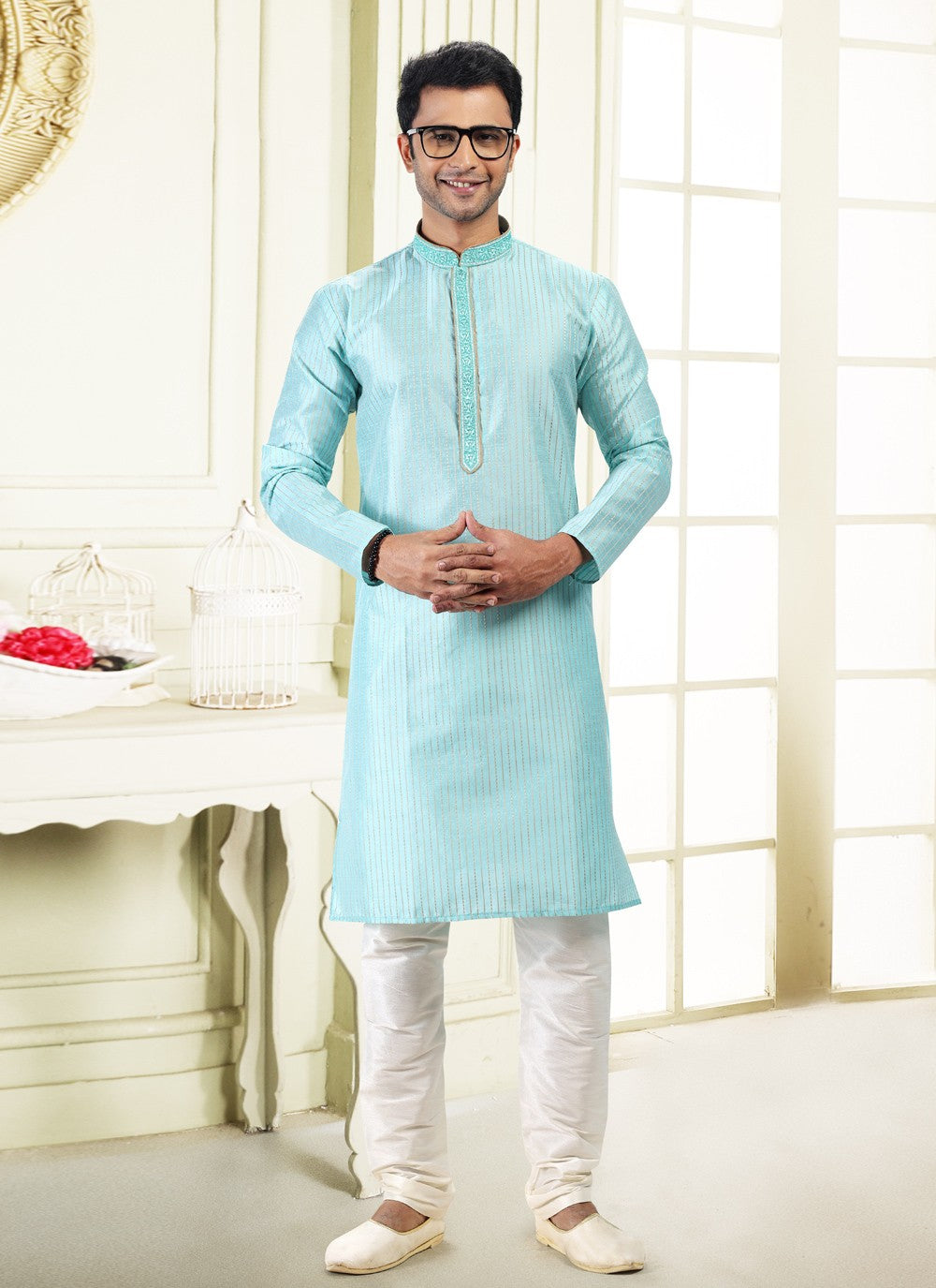 Fancy Work Art Silk, Jacquard Aqua Blue Kurta Pyjama - M4870