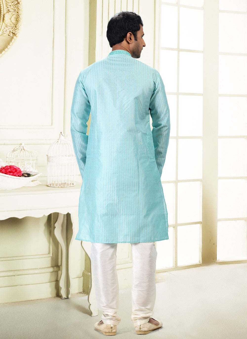 Fancy Work Art Silk, Jacquard Aqua Blue Kurta Pyjama - M4870